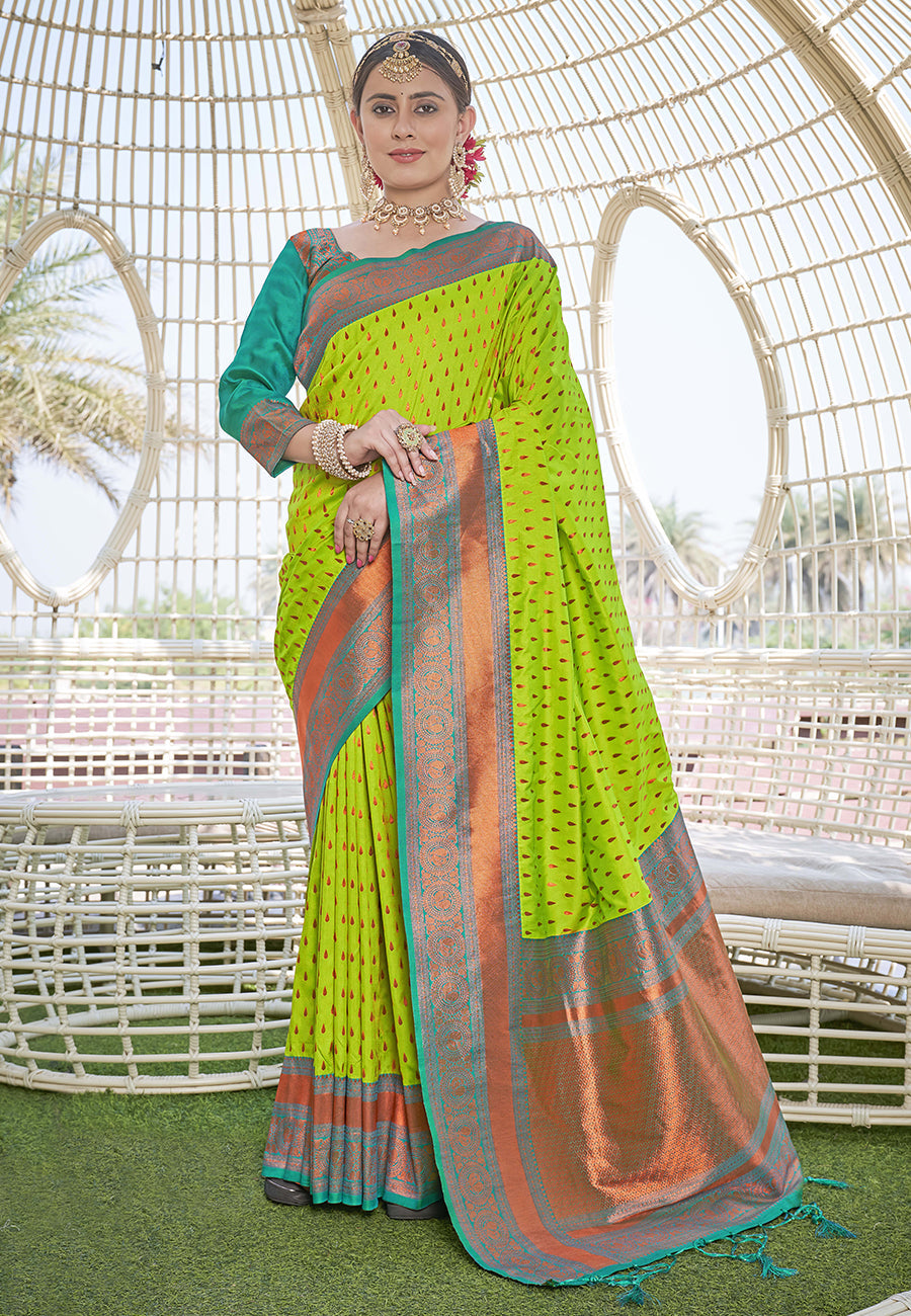 Lime Colour Butti Zari Woven Paithani Silk Saree With Resham Tassel
