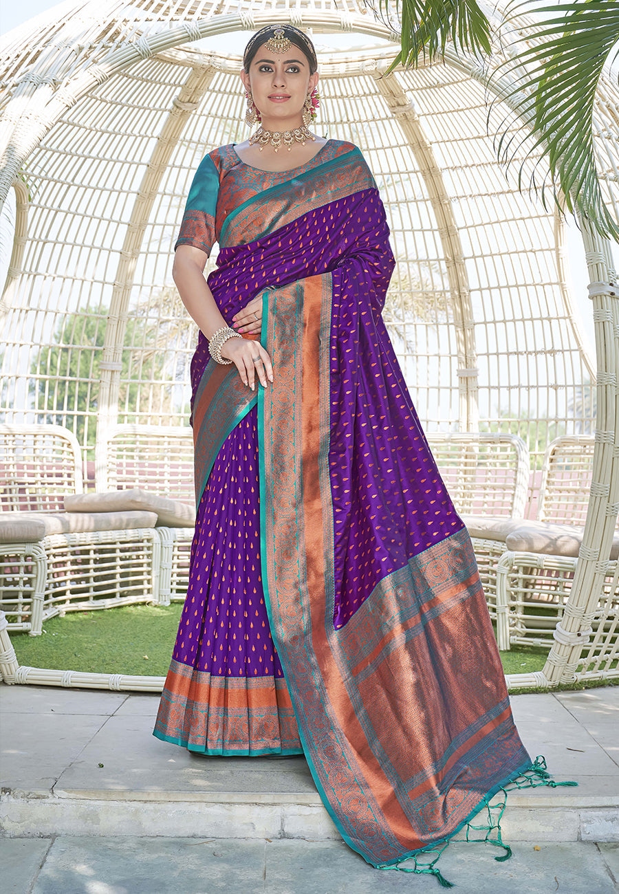Purple Colour Butti Zari Woven Paithani Silk Saree With Resham Tassel
