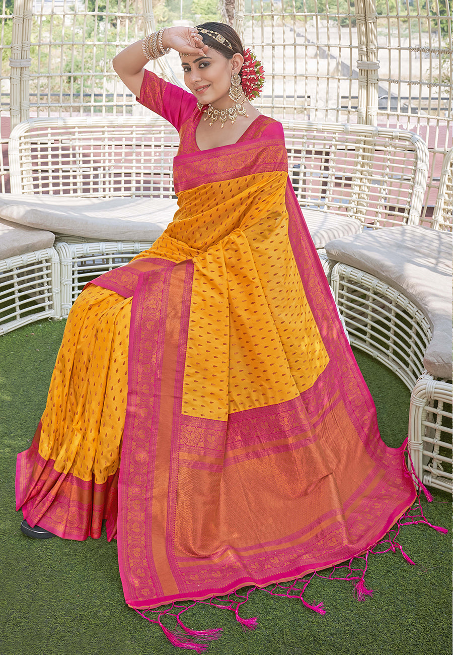 Yellow Colour Butti Zari Woven Paithani Silk Saree With Resham Tassel