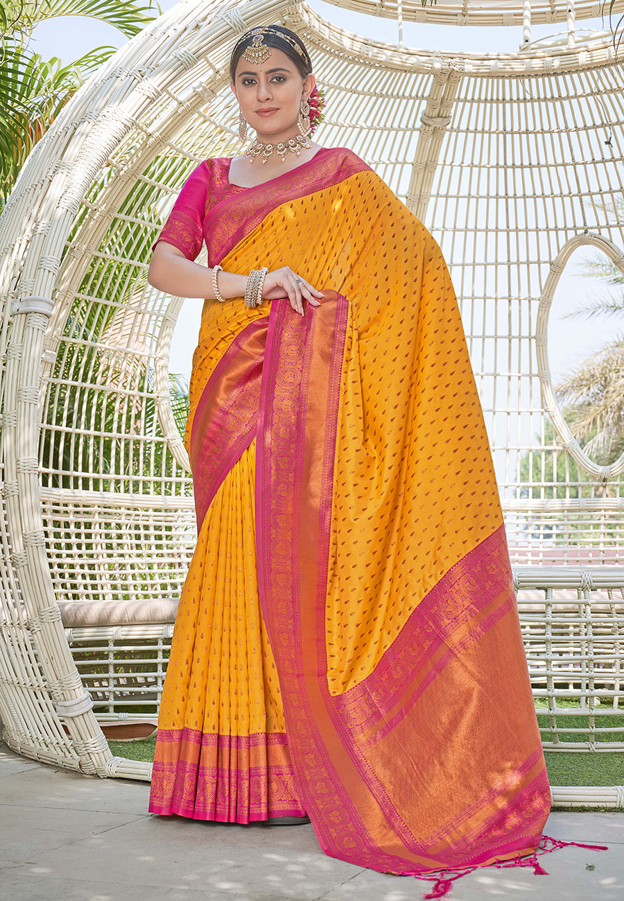 Yellow Colour Butti Zari Woven Paithani Silk Saree With Resham Tassel