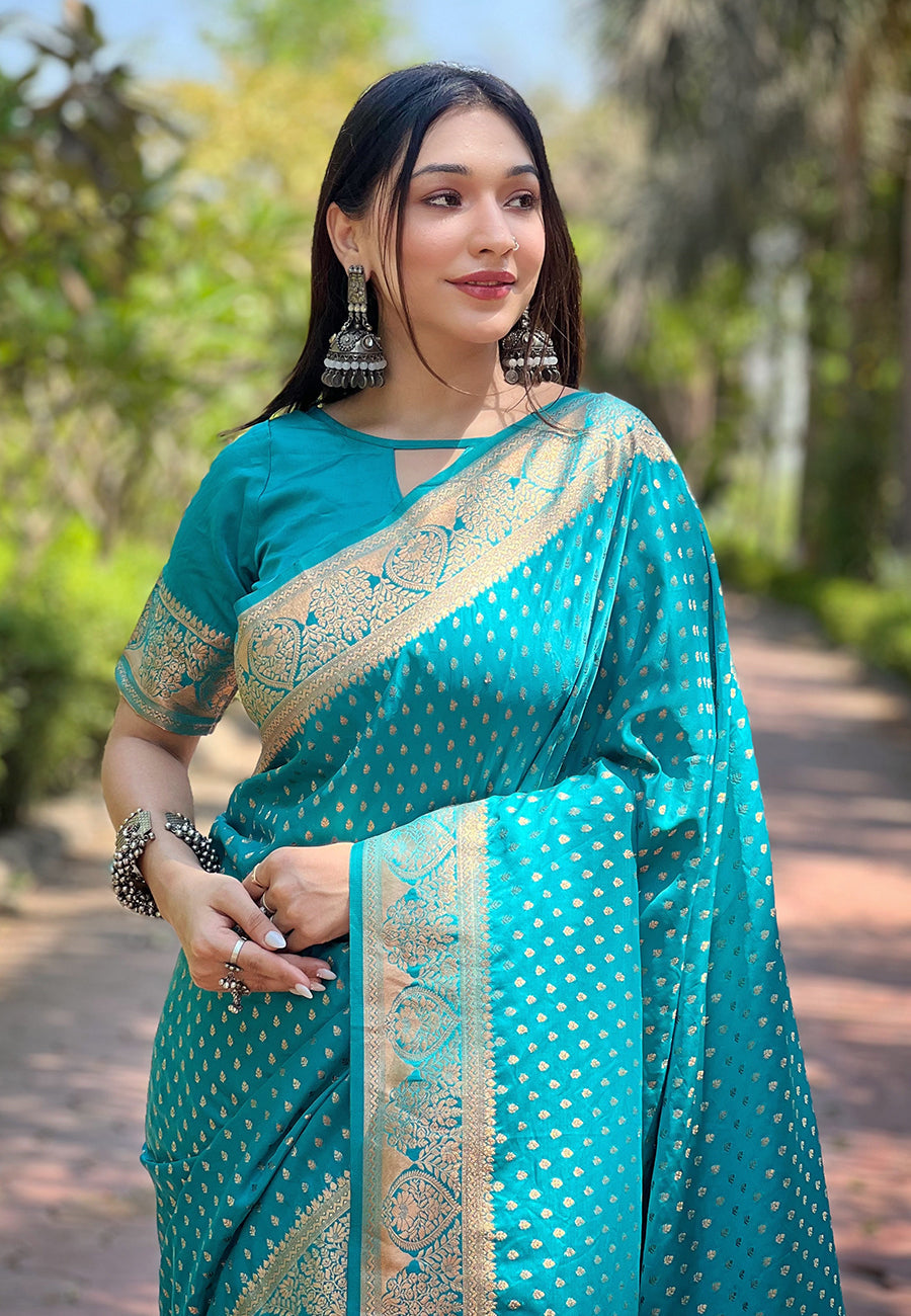 Pacific Blue Banarasi Katan Silk Zari Woven Saree