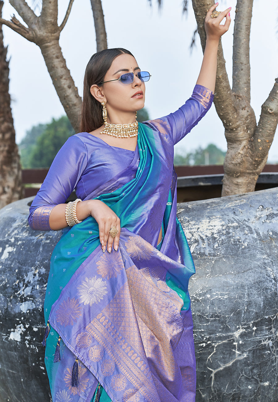 Stylish Teal Colour Soft Silk Zari Woven Floral Border Saree