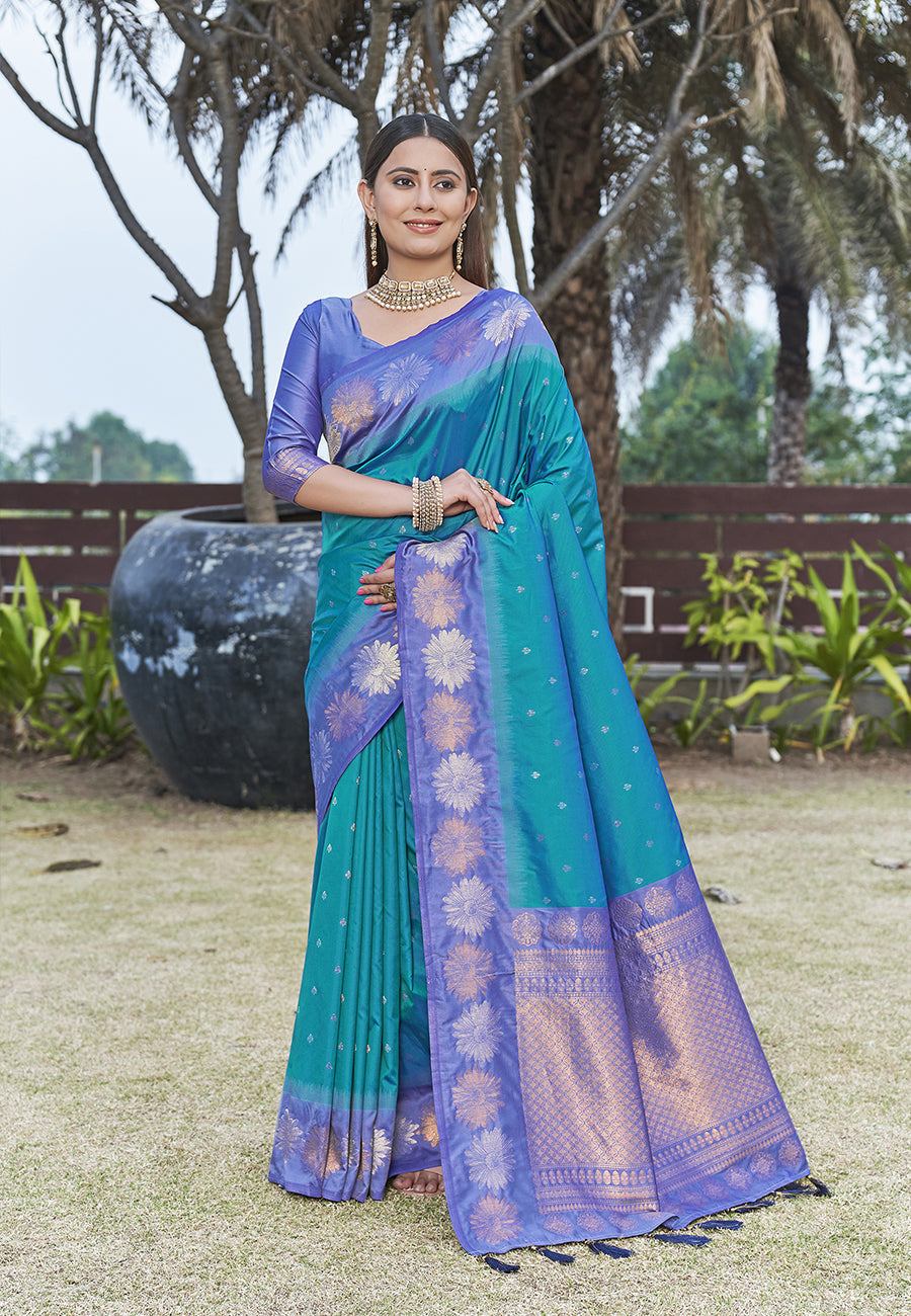 Stylish Teal Colour Soft Silk Zari Woven Floral Border Saree