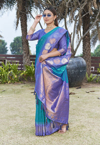Stylish Teal Colour Soft Silk Zari Woven Floral Border Saree
