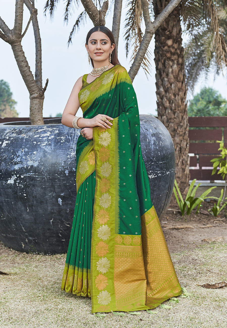 Stylish Green Colour Soft Silk Zari Woven Floral Border Saree