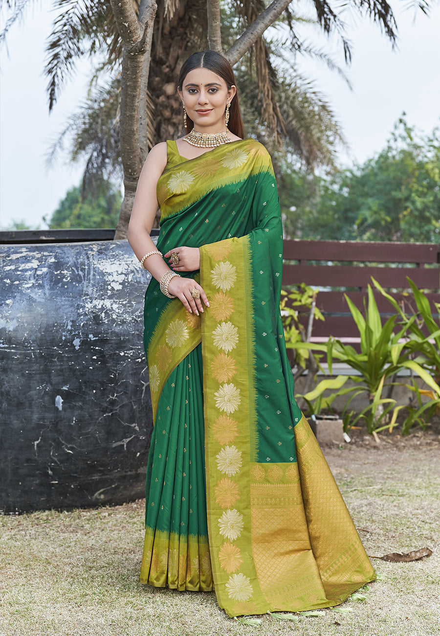 Stylish Green Colour Soft Silk Zari Woven Floral Border Saree