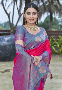 Stylish Pink Colour Soft Silk Zari Woven Floral Border Saree