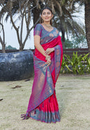 Stylish Pink Colour Soft Silk Zari Woven Floral Border Saree
