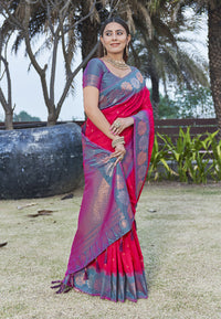 Stylish Pink Colour Soft Silk Zari Woven Floral Border Saree