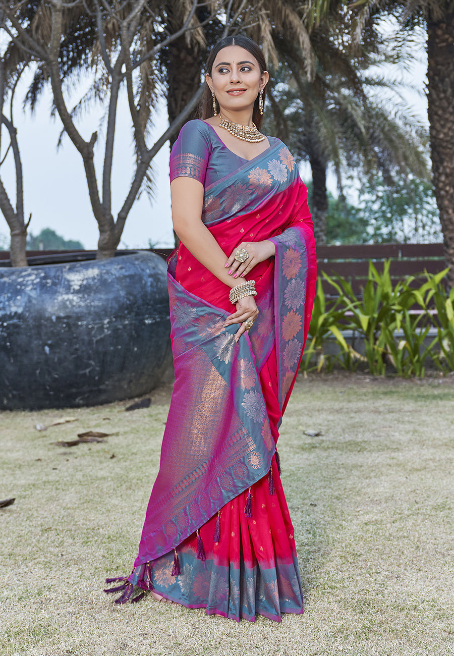 Stylish Pink Colour Soft Silk Zari Woven Floral Border Saree