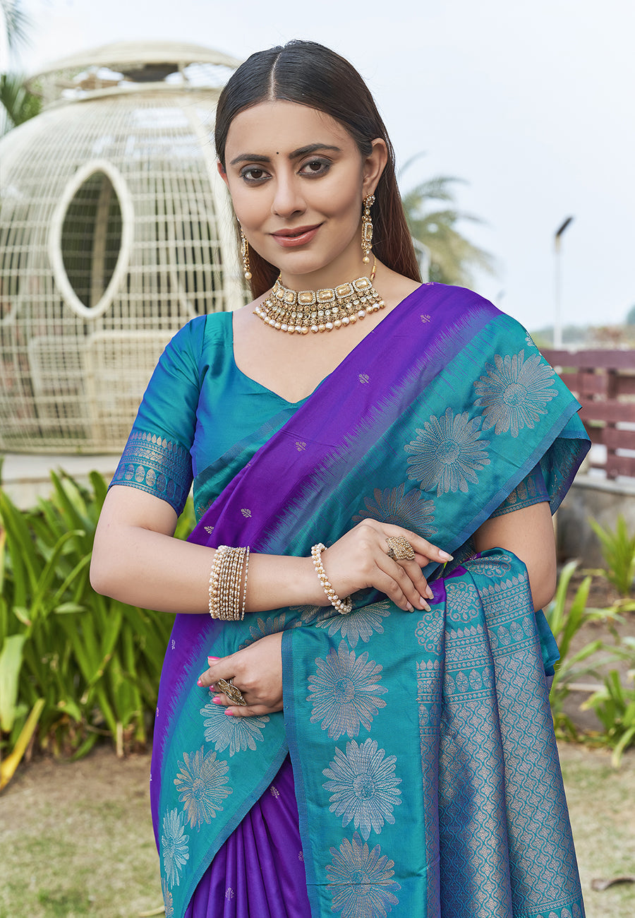 Stylish Purple Colour Soft Silk Zari Woven Floral Border Saree