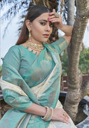Stylish White Colour Soft Silk Zari Woven Floral Border Saree
