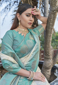 Stylish White Colour Soft Silk Zari Woven Floral Border Saree