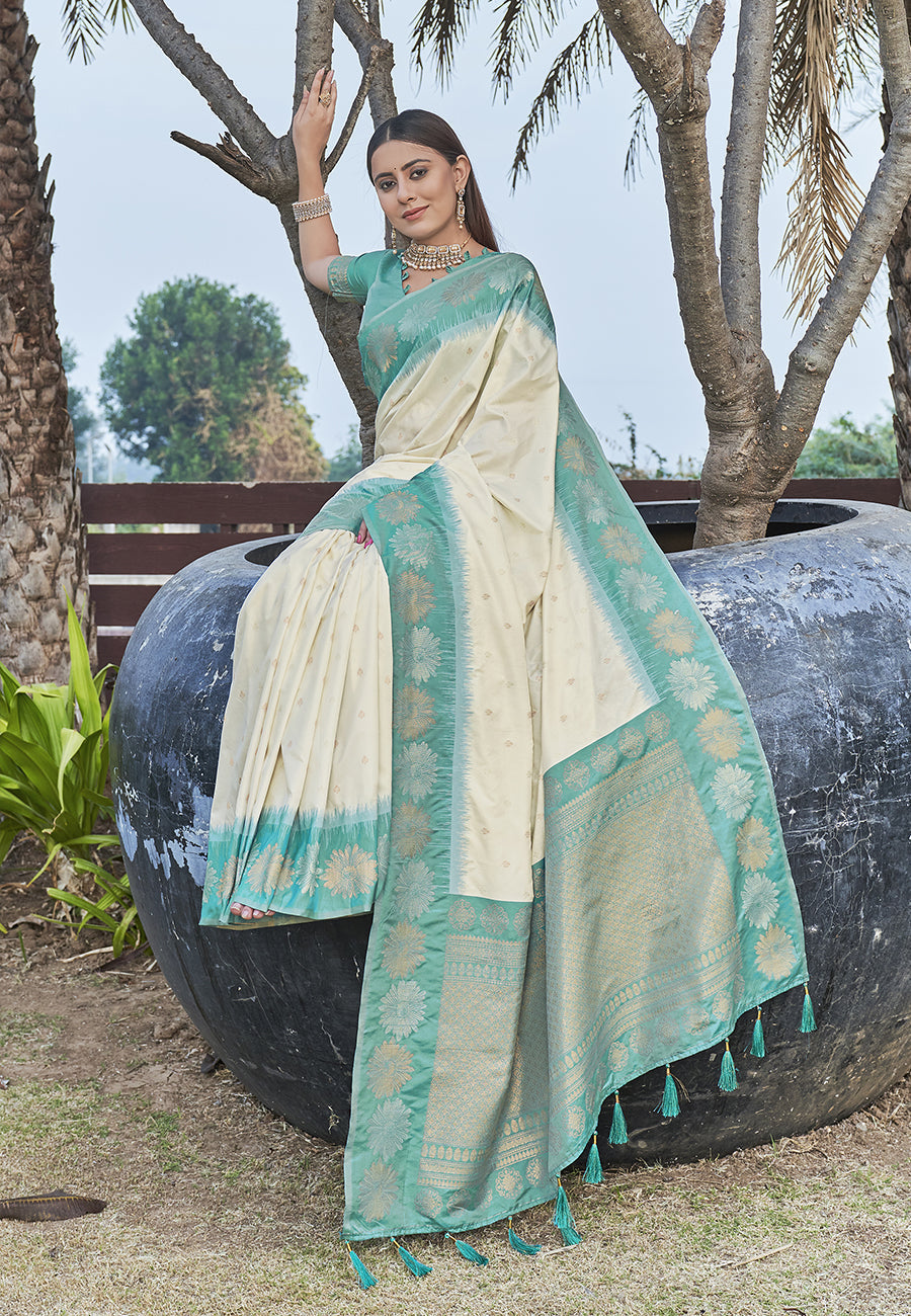 Stylish White Colour Soft Silk Zari Woven Floral Border Saree