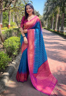 Blue Soft Silk Floral Border Contrast Zari Woven Saree