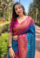 Blue Soft Silk Floral Border Contrast Zari Woven Saree