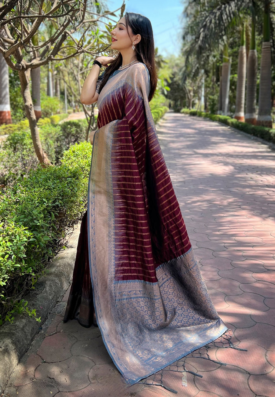 Brown Soft Silk Floral Border Contrast Zari Woven Saree