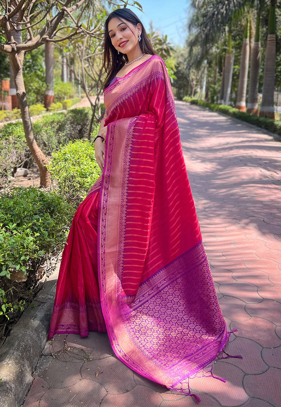 Pink Soft Silk Floral Border Contrast Zari Woven Saree