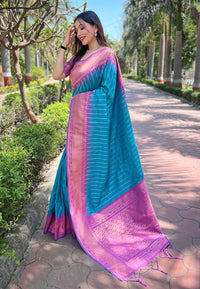 Sky Blue Soft Silk Floral Border Contrast Zari Woven Saree