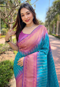Sky Blue Soft Silk Floral Border Contrast Zari Woven Saree