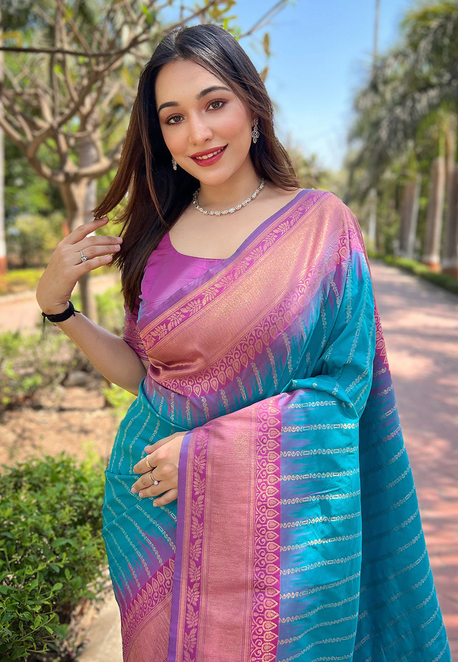 Sky Blue Soft Silk Floral Border Contrast Zari Woven Saree
