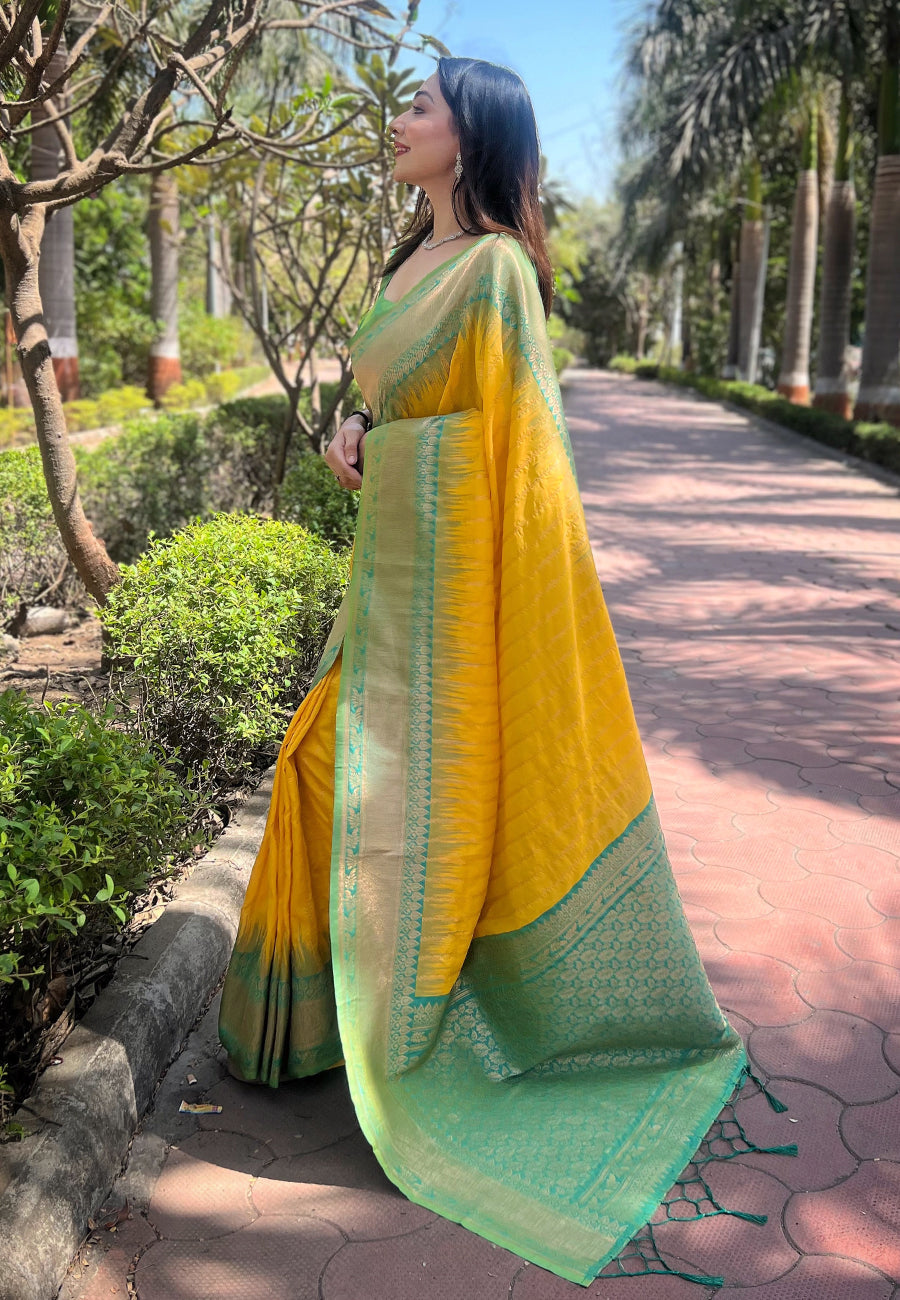 Yellow Soft Silk Floral Border Contrast Zari Woven Saree