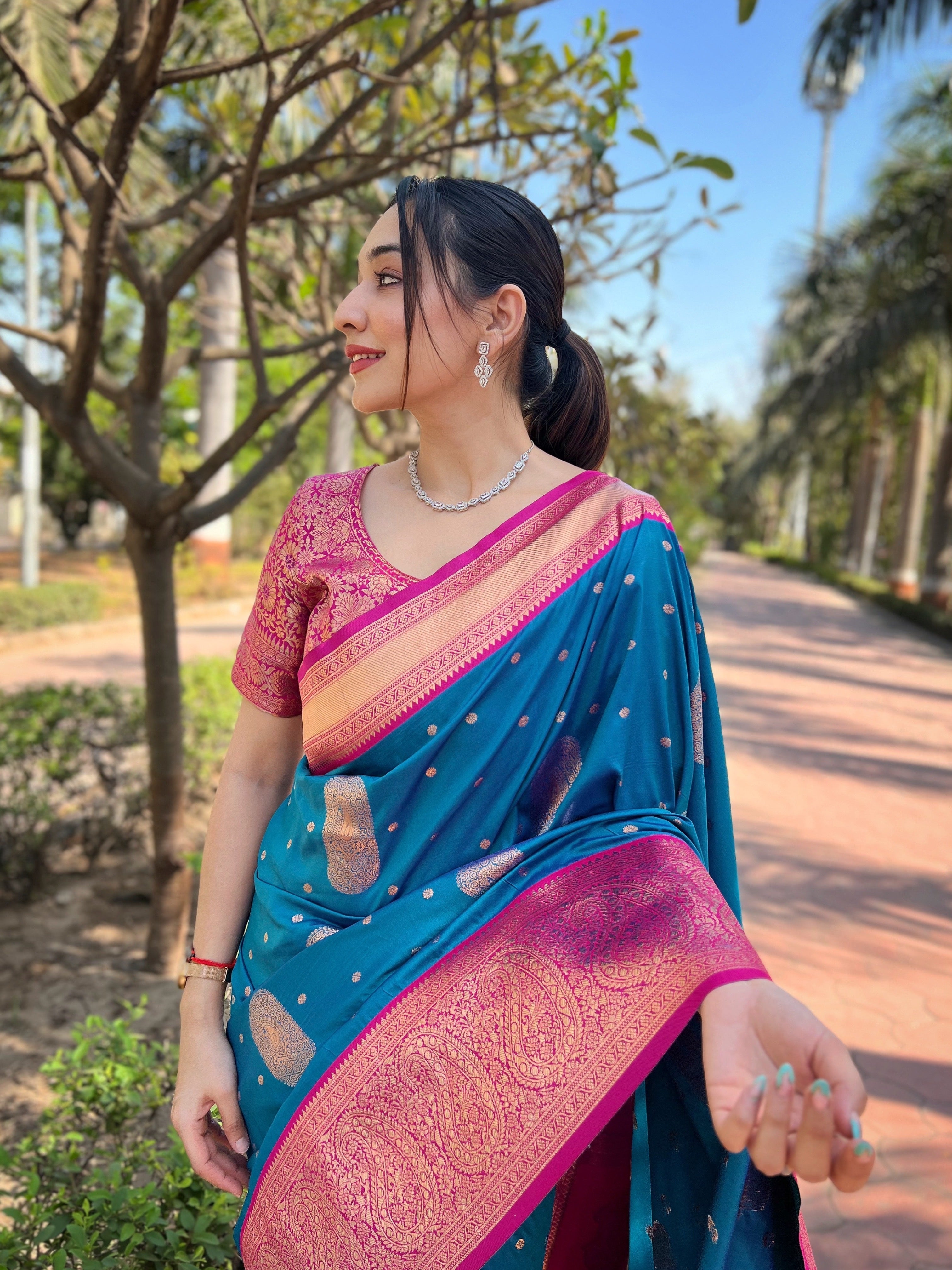 Blue Soft Silk Contrast Gold Zari Woven Saree
