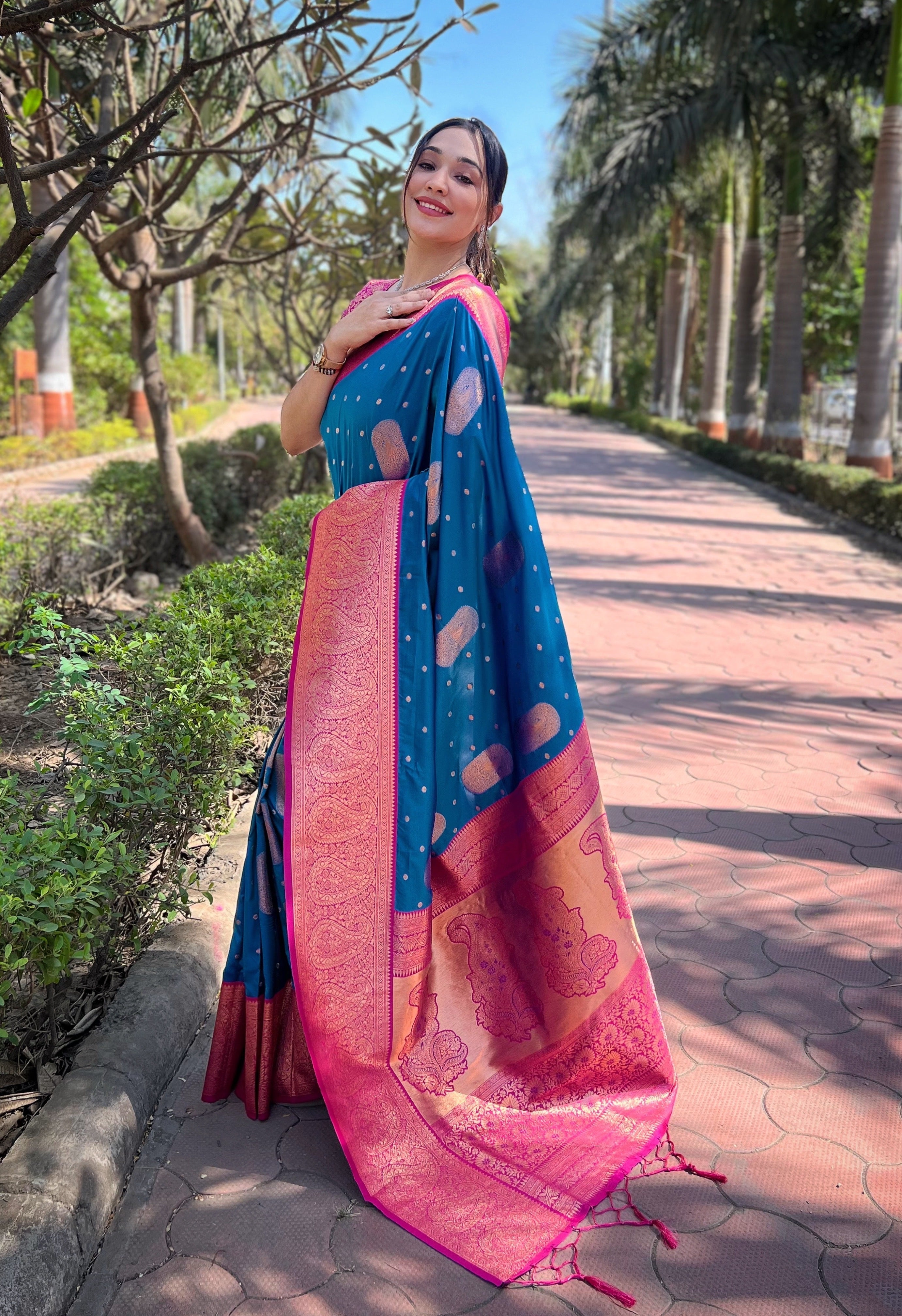 Blue Soft Silk Contrast Gold Zari Woven Saree