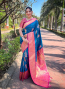 Blue Soft Silk Contrast Gold Zari Woven Saree