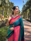 Bottle Green Soft Silk Contrast Gold Zari Woven Saree