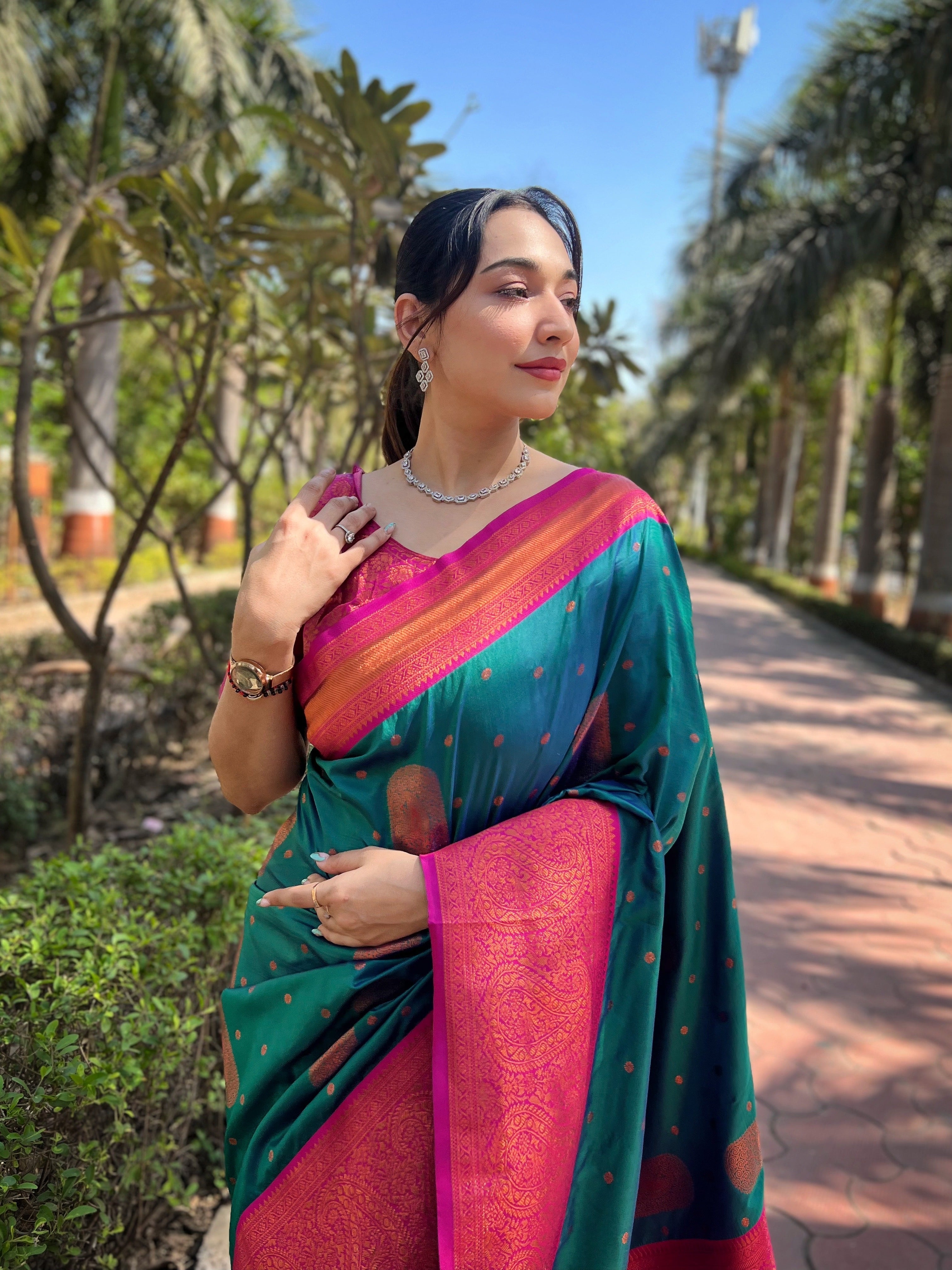 Bottle Green Soft Silk Contrast Gold Zari Woven Saree