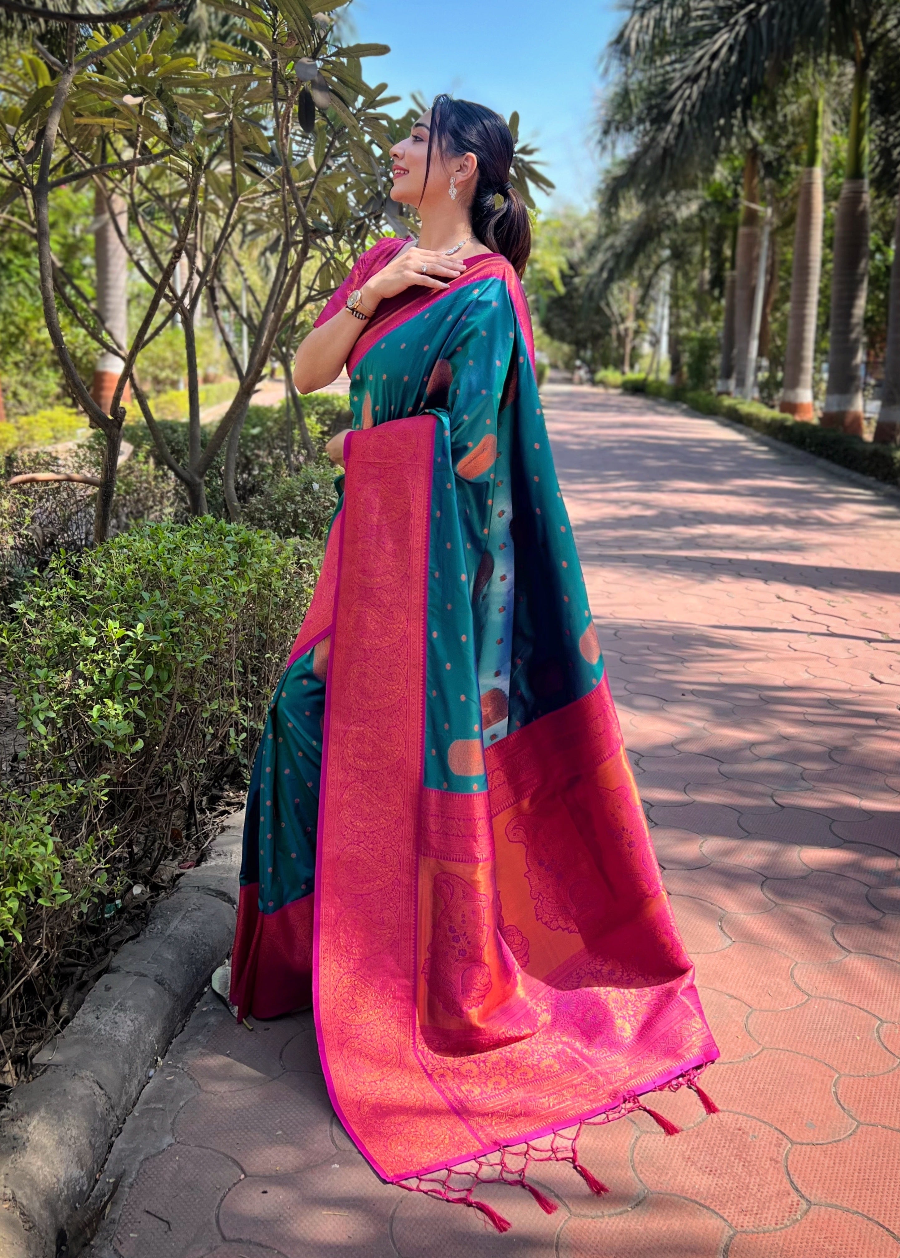 Bottle Green Soft Silk Contrast Gold Zari Woven Saree
