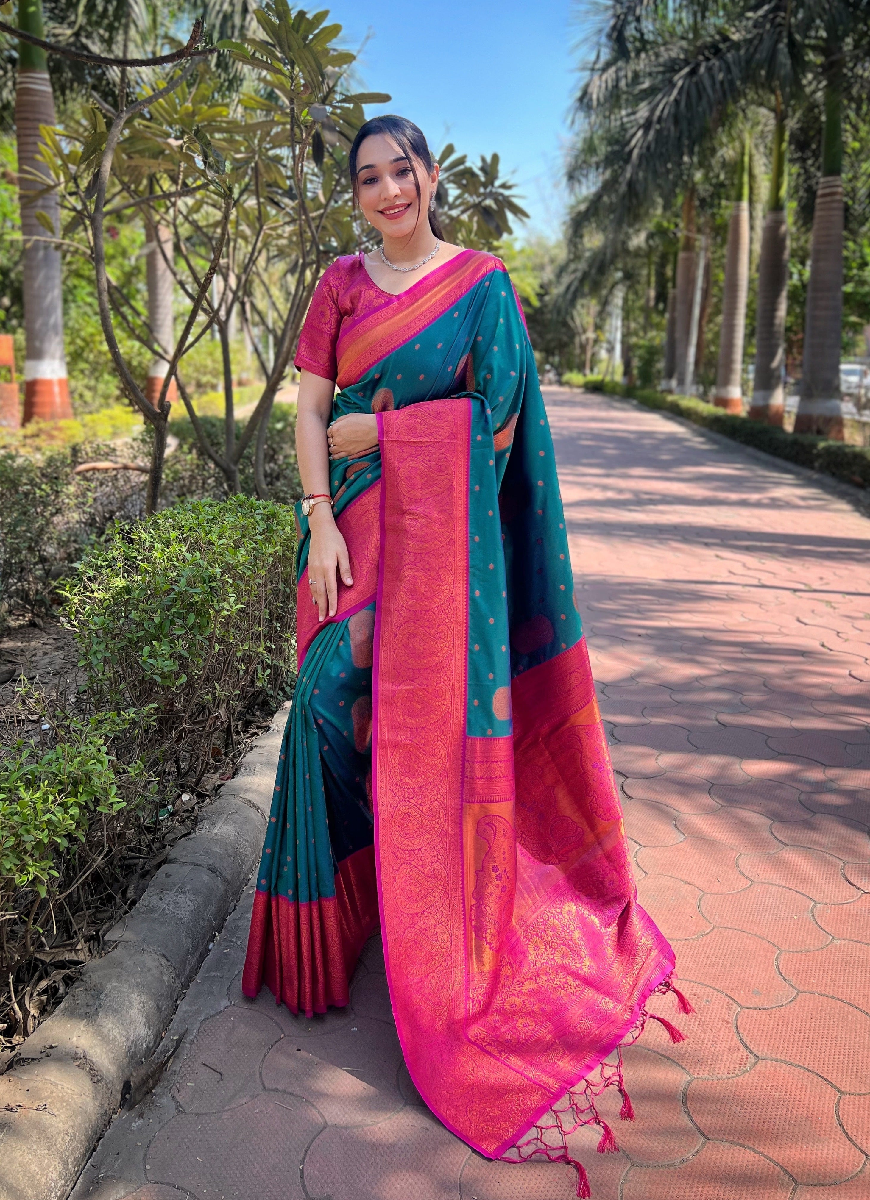 Bottle Green Soft Silk Contrast Gold Zari Woven Saree