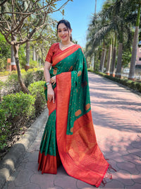 Green Soft Silk Contrast Gold Zari Woven Saree