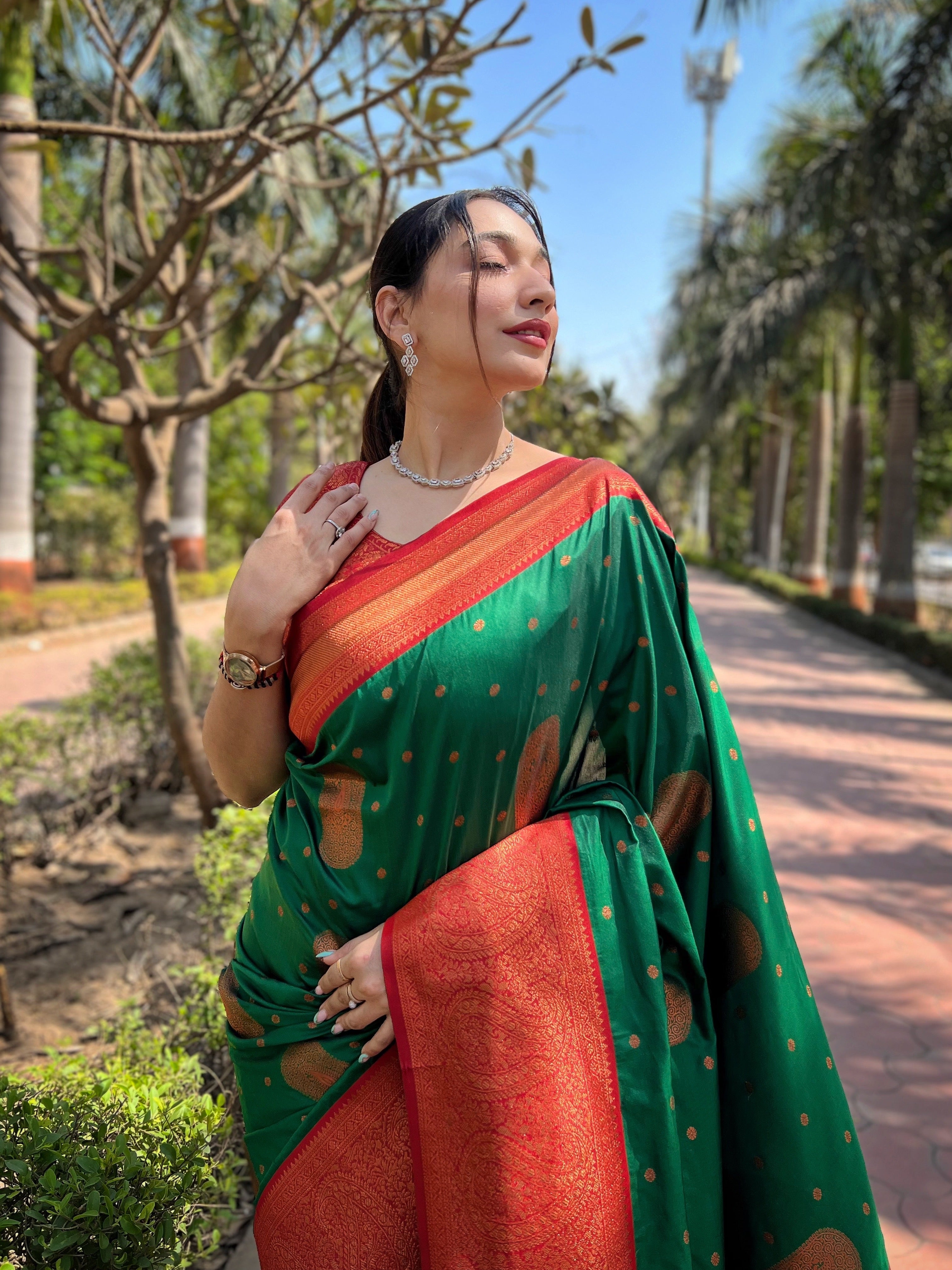 Green Soft Silk Contrast Gold Zari Woven Saree