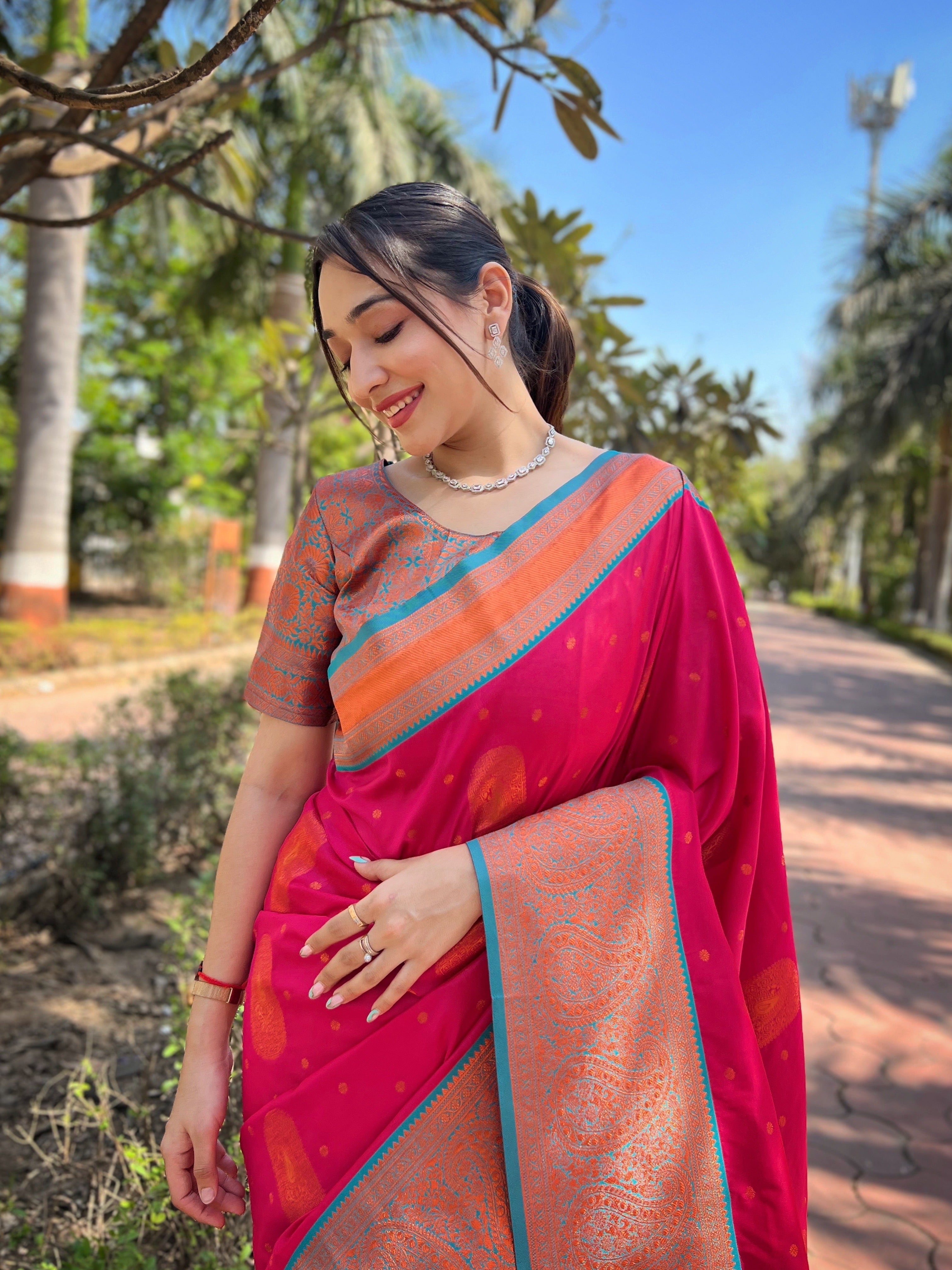 Pink Soft Silk Contrast Gold Zari Woven Saree