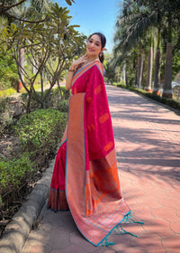 Pink Soft Silk Contrast Gold Zari Woven Saree