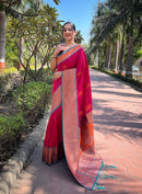 Pink Soft Silk Contrast Gold Zari Woven Saree