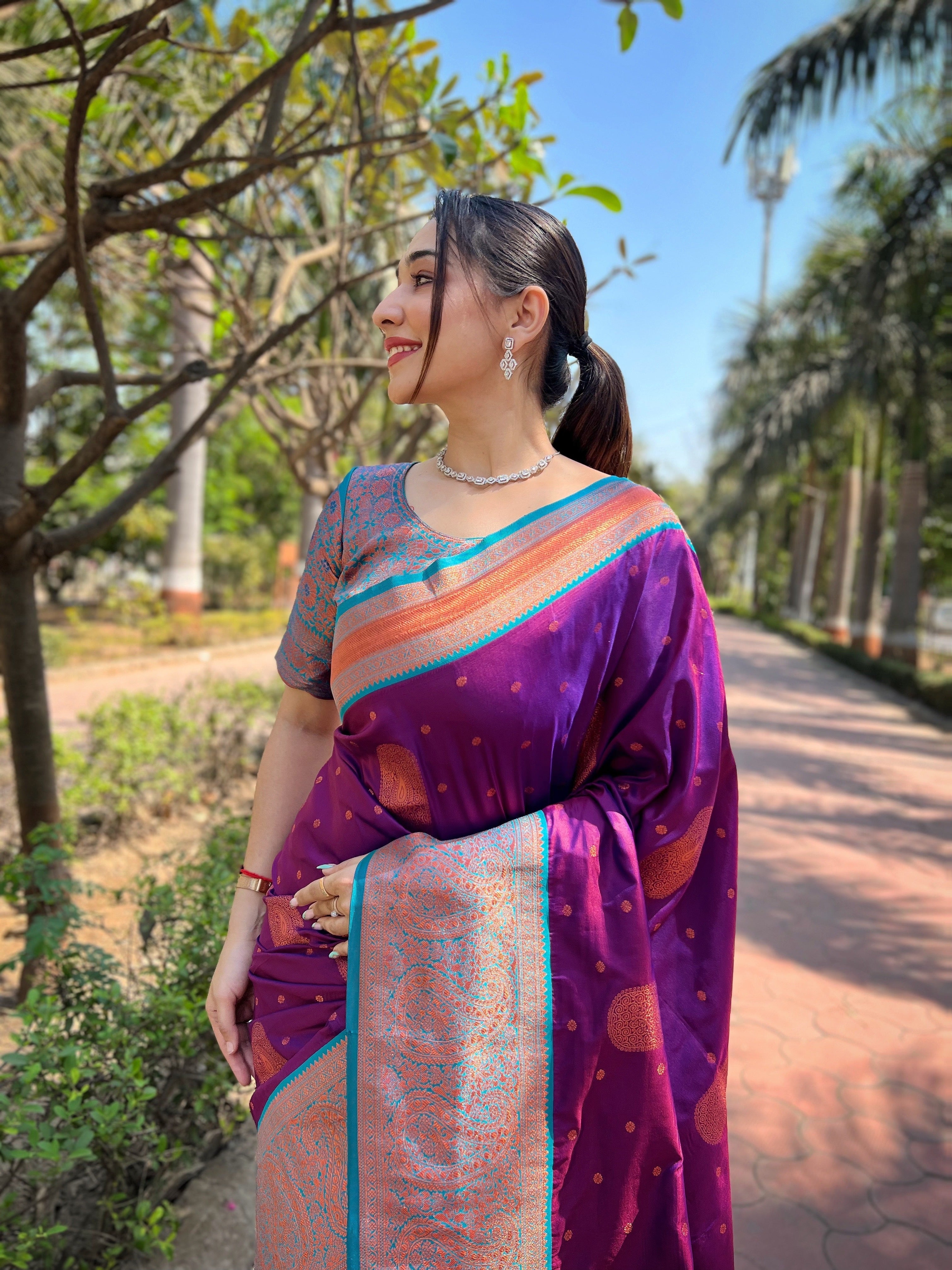 Purple Soft Silk Contrast Gold Zari Woven Saree