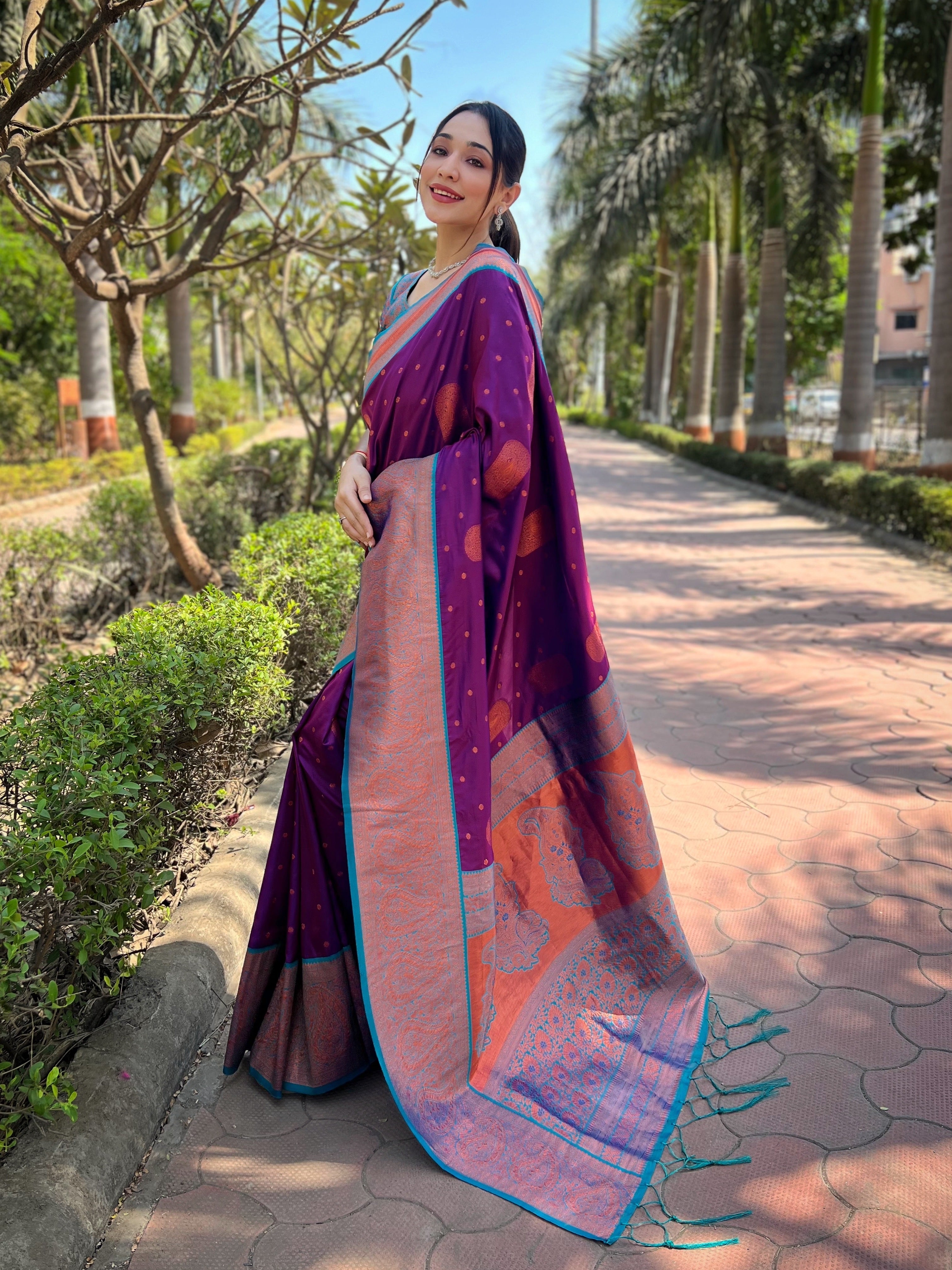 Purple Soft Silk Contrast Gold Zari Woven Saree
