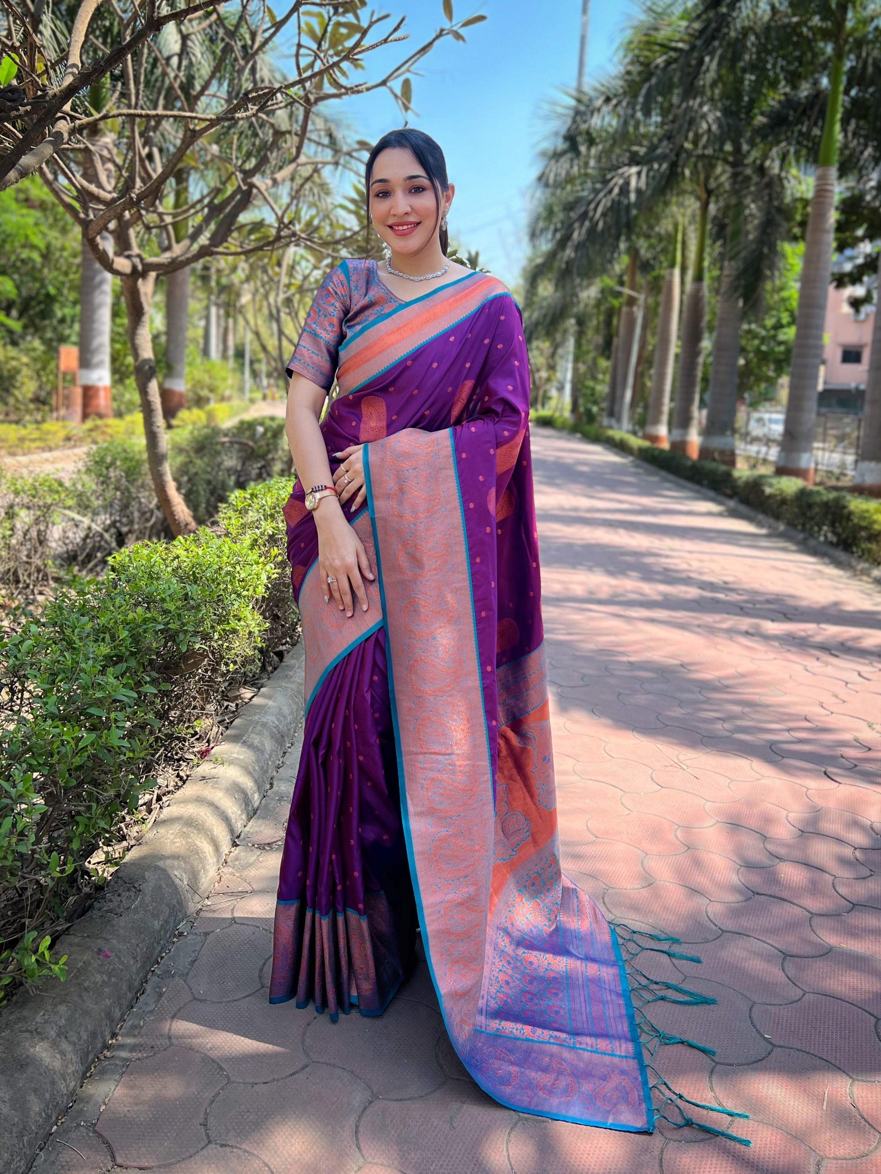 Purple Soft Silk Contrast Gold Zari Woven Saree