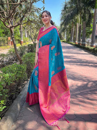 Bottle Blue Soft Silk Contrast Gold Zari Woven Saree