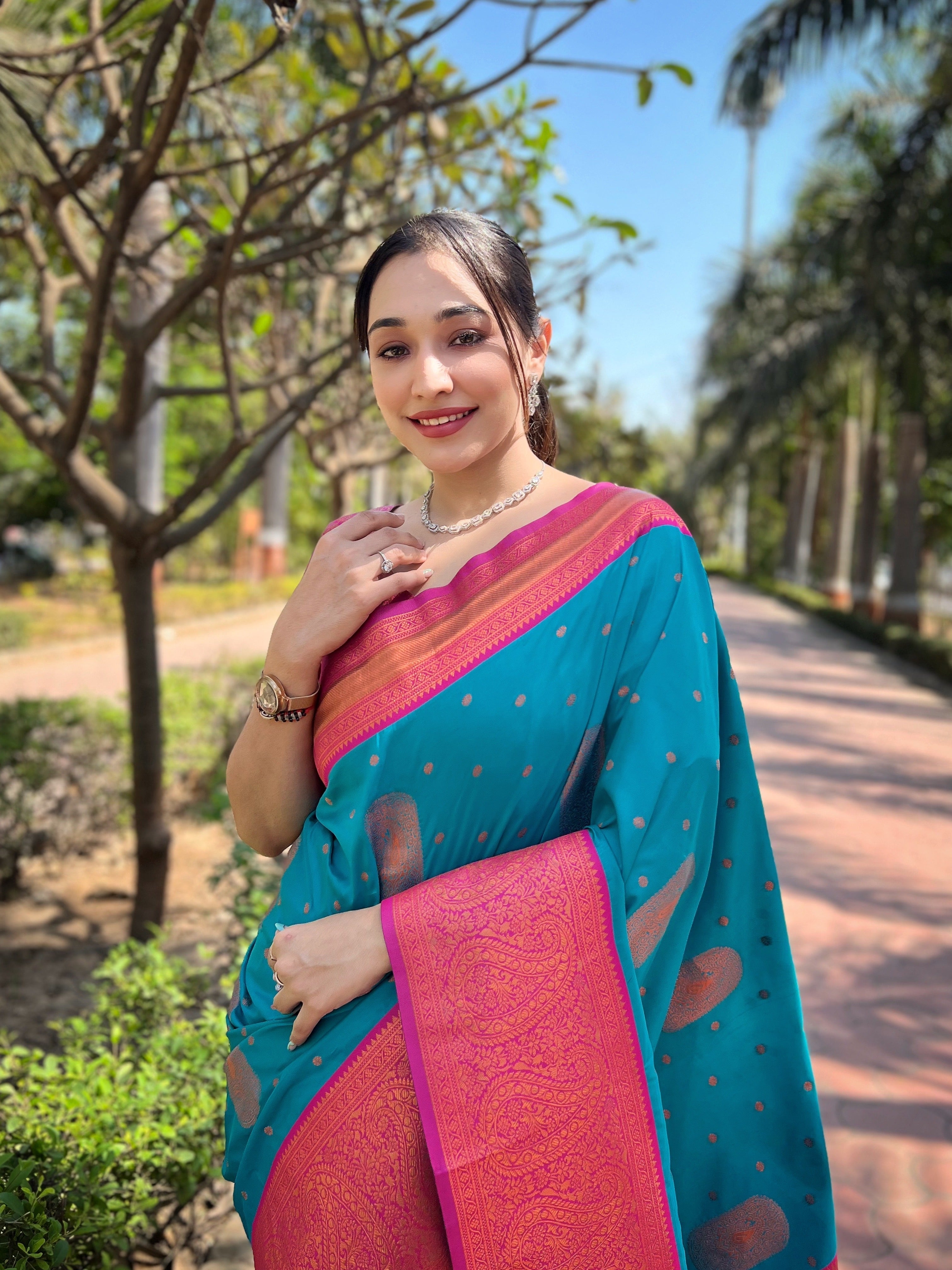 Bottle Blue Soft Silk Contrast Gold Zari Woven Saree