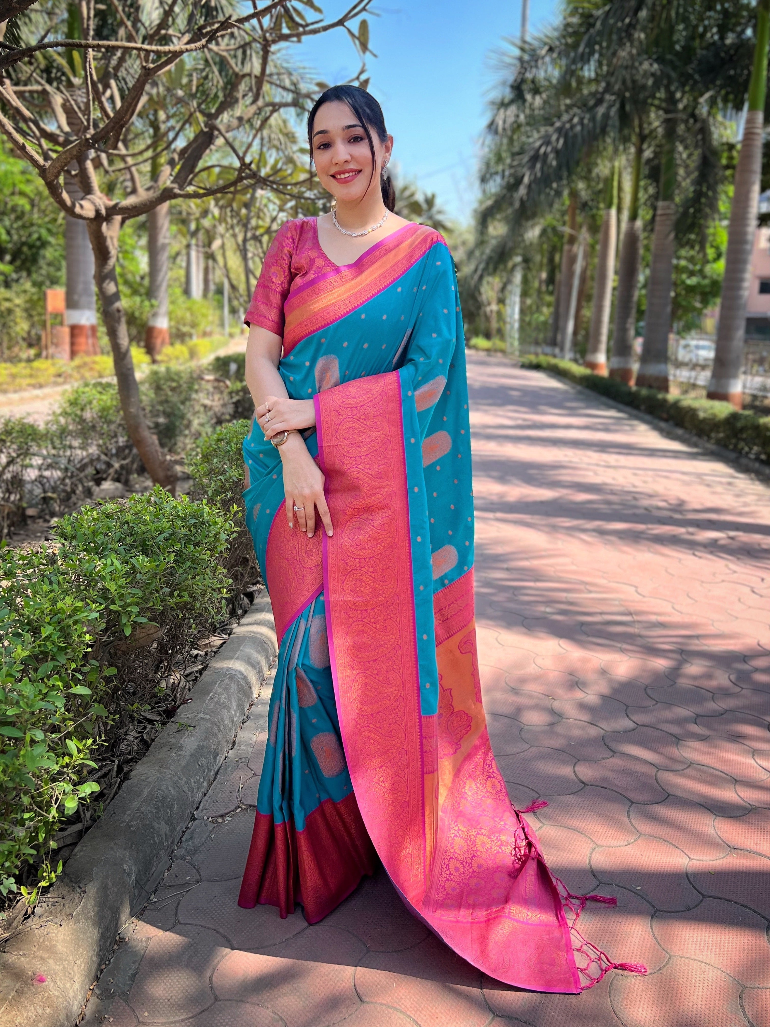 Bottle Blue Soft Silk Contrast Gold Zari Woven Saree