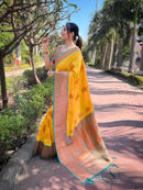 Yellow Soft Silk Contrast Gold Zari Woven Saree