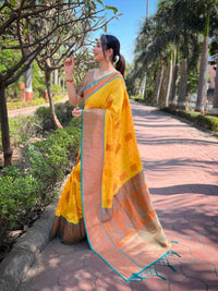 Yellow Soft Silk Contrast Gold Zari Woven Saree