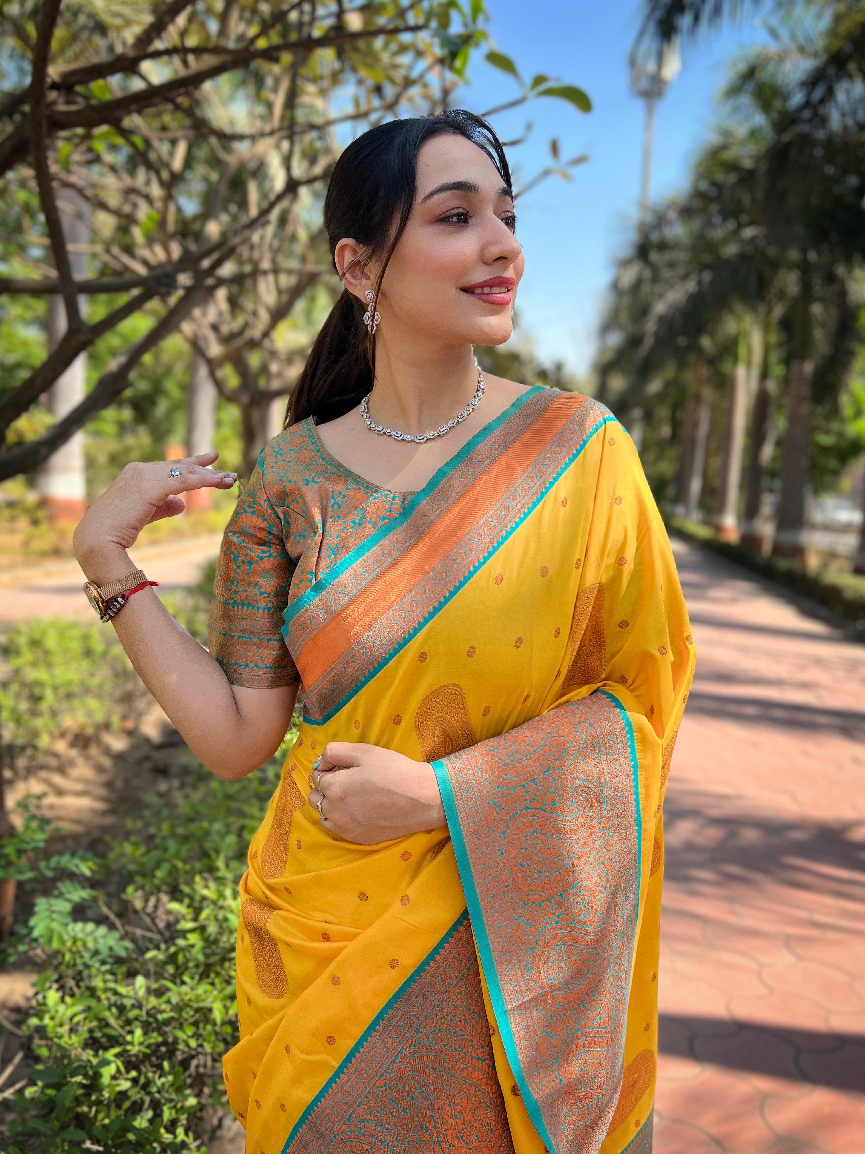 Yellow Soft Silk Contrast Gold Zari Woven Saree