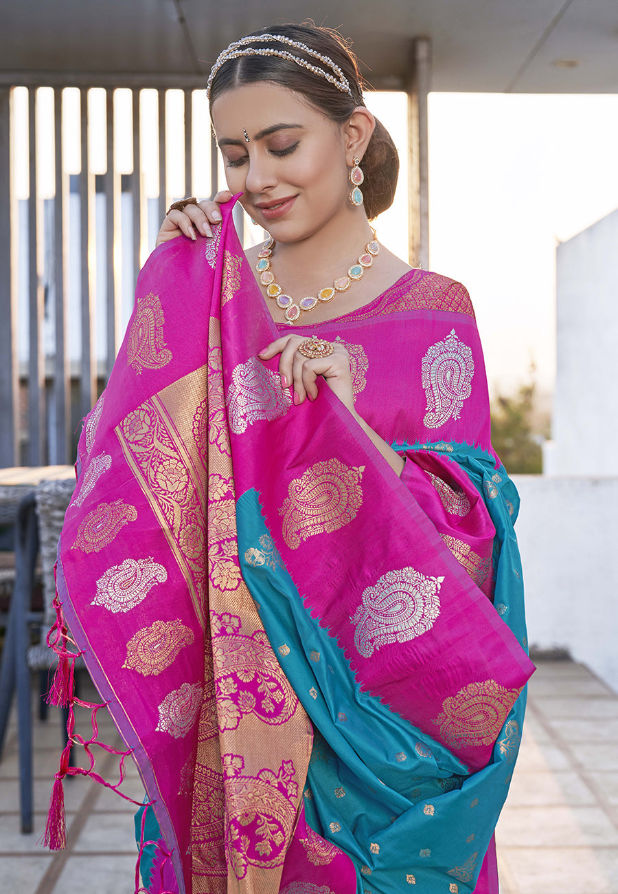 Bollywood Blue Soft Silk Contrast Zari Woven Saree