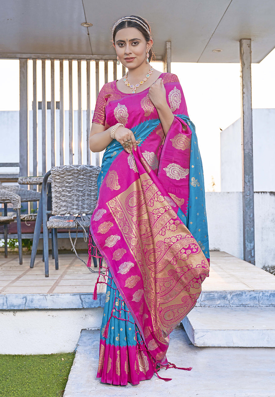 Bollywood Blue Soft Silk Contrast Zari Woven Saree