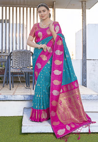 Bollywood Blue Soft Silk Contrast Zari Woven Saree
